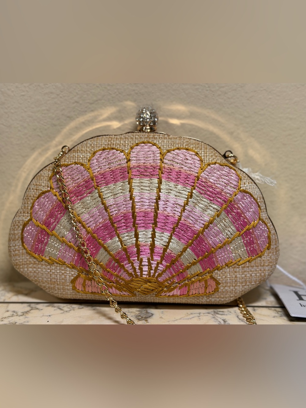 Embroidered Pink Shell Clutch with Gold Chain
